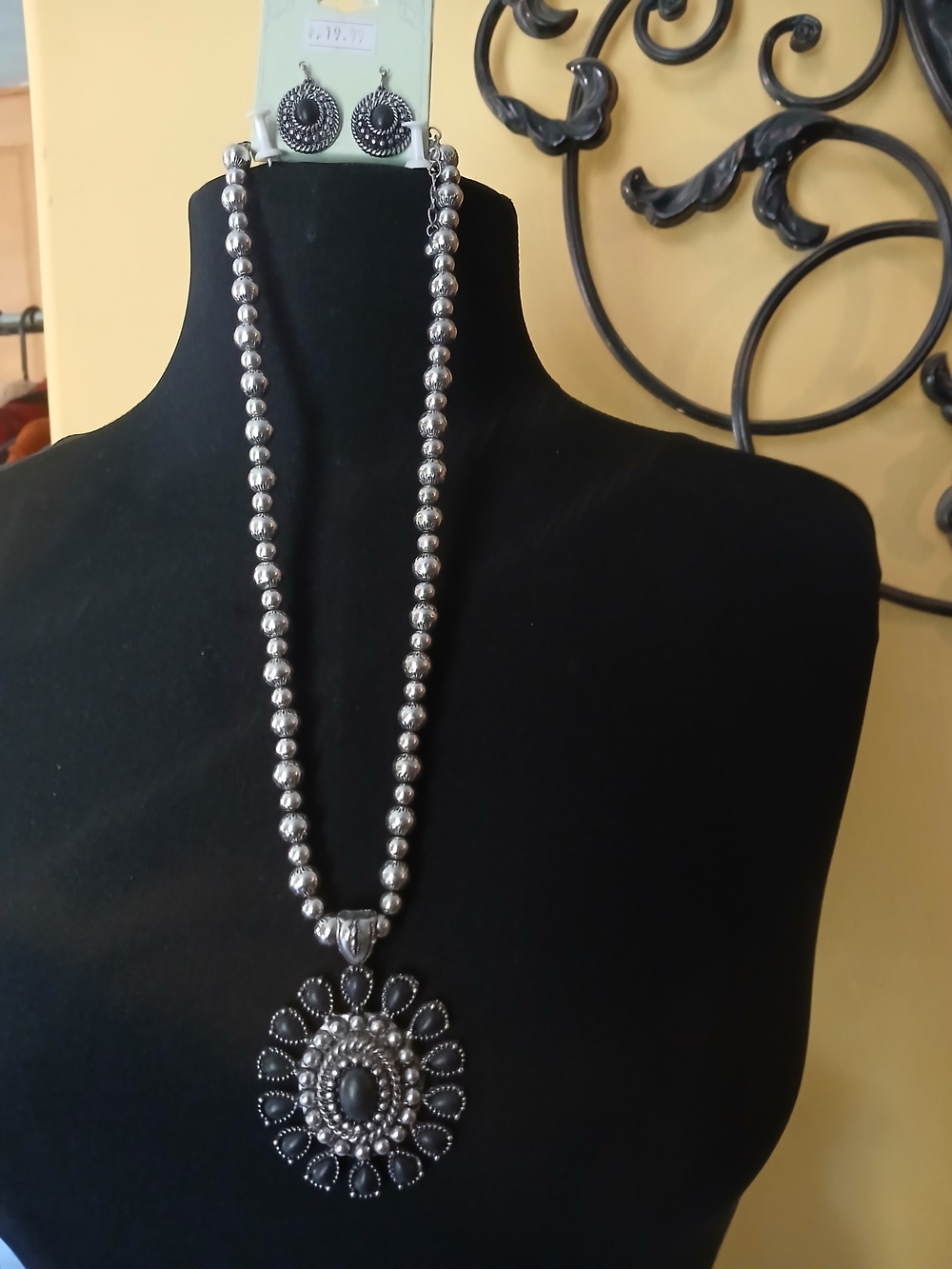 ICON Silver-Tone Beaded Necklace with Black Floral Pendant